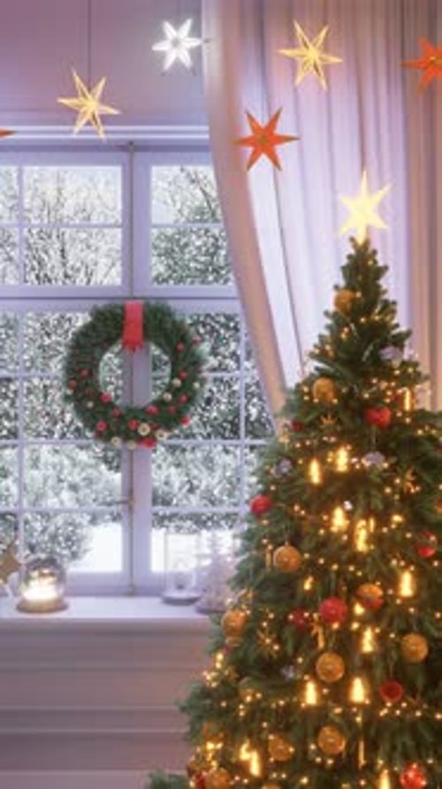 Cozy Christmas Window with Falling Snow and Decorated Tree
