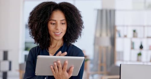 Woman, tablet and scroll, web design and planning website layout with technology at SEO agency