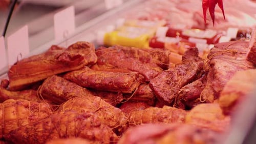 Assortment of Fresh Meat Cuts in Display Case
