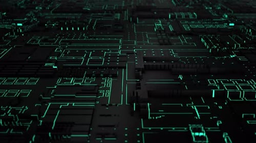 Abstract 3D background with computer board and glowing green circuits with moving electric impulses