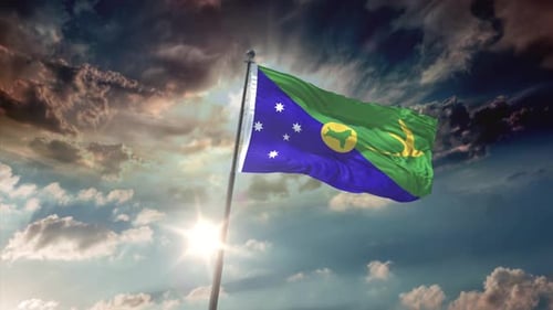 Christmas Island Flag Waving in Wind Against Dynamic Sky