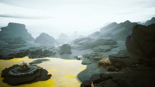 Misty Extraterrestrial Canyon with Ruins and Autonomous Drone Surveillance