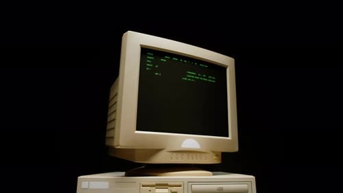 Retro Pc with Loading Code Console Programmer Making Scripts Green Basic Screen Old Computer Studio