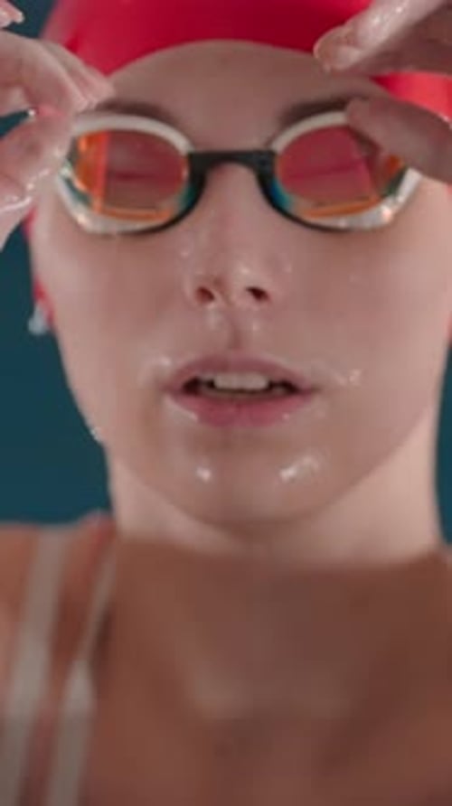 Determined Woman Adjusting Goggles Getting Ready to Swim