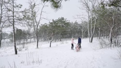 Fröhliches Familienrodeln am verschneiten Wintertag Vater und Mutter ziehen Schlitten mit Sohn und Tochter