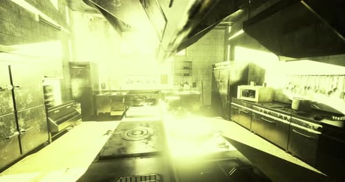 Animated Commercial Kitchen with Golden Glow Camera Pan