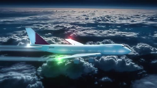 Commercial Airliner Passanger Plane Jumbo Jet Flying At Night Over Clouds With Country Flag Qatar