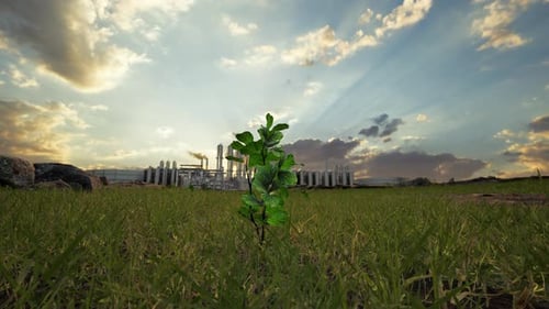 Tree And A Factory Emitting Smoke, Highlighting Environmental Issues
