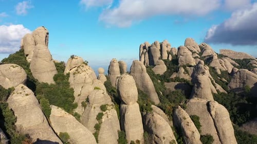 Aerial views of Montserrat peaks, a mountain range in Catalonia. Montserrat conglomerate crags