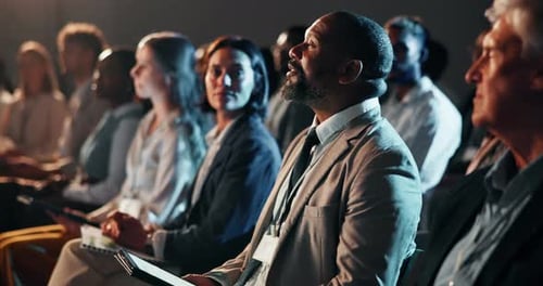 Man, audience and question at conference seminar with tablet for learning workshop