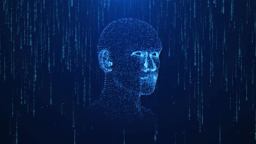 Future AI Tech Machine Learning Gesicht Datenfluss auf blauem Hintergrund Cyber Mind Human Fast