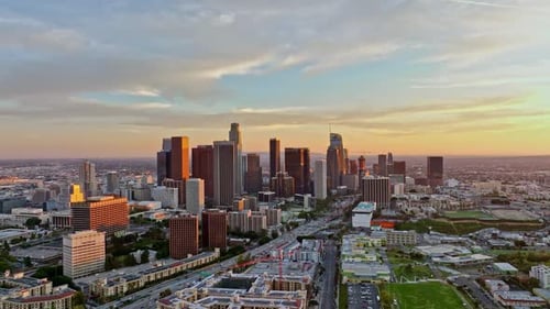 Los Angeles Downtown Aerial Panorama Sunset in Los Angeles LA at Dusk with Urban Traffic Evening in