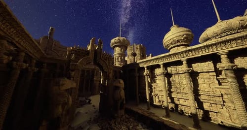 Ancient Ruins Illuminated By Starlit Sky in a Serene Desert Landscape