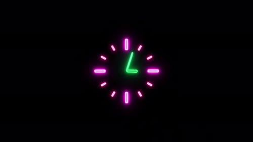 Neon wall Clock animation. Animated clock icon isolated on transparent background.