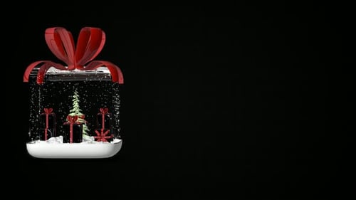 Background with New Year's Glass Cube, Black Gifts, Red Ribbons, Christmas, Falling Snow