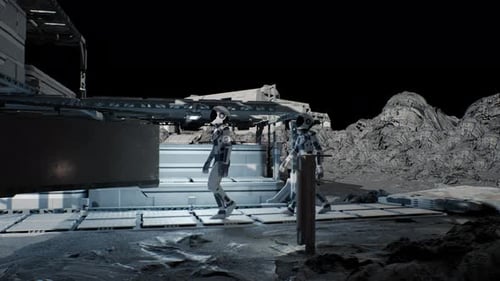 Astronauts Walking Through A Futuristic Moon Base 6