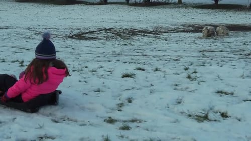 Young girl in sled pulled by parent on snowy field slomo