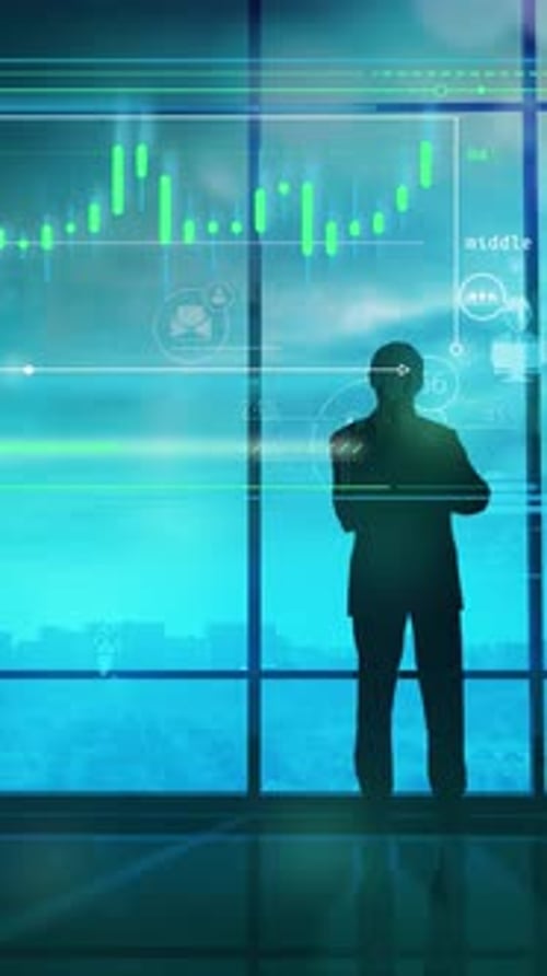 Silhouette of a Businessman in the Office and Stock Quotes Infographics