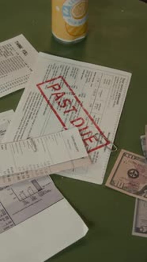 Vertical of Unpaid Utility Bill with Past Due Stamp Lying Beside Cash