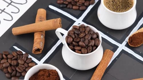 Coffee Still Life with Cinnamon and Tic-Tac-Toe Board