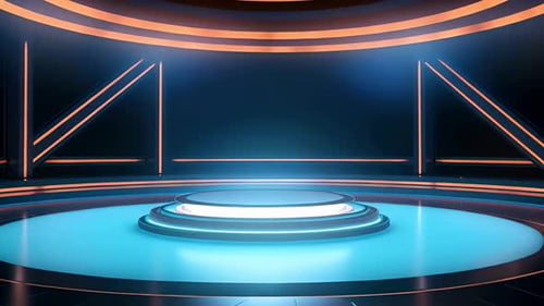 Futuristic Virtual Studio Stage with Glowing Blue and Orange Podium