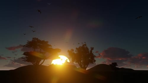 Animated Sunset Landscape with Flying Birds