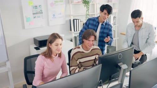 Group of young businessman and businesswoman people working in office.