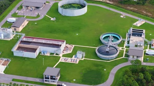 Aerial View of Water Treatment Factory at City Wastewater Cleaning Facility Purification Process of