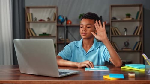 Young African American Child Boy Studying at Home Kid Sits at Desk Attends School Class Online on