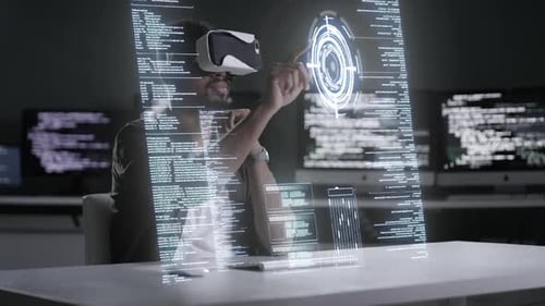 Hologram, man or programmer with virtual reality glasses, digital software or update server