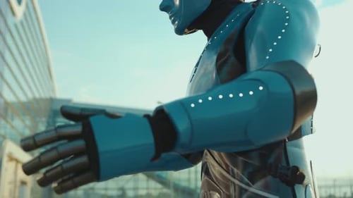 Happy Child Girl Greets Her Robot Friend Hugging It Future Machine Intelligence Artificial Humanoid