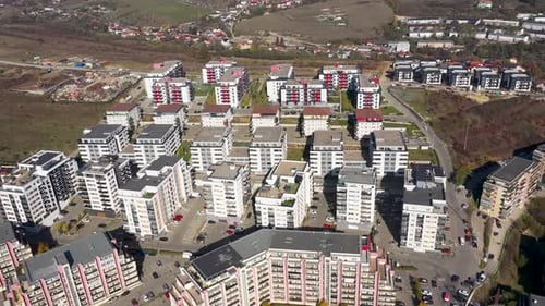 Aerial view of urban background, exterior of a new apartment buildings. Modern design of high-rise b