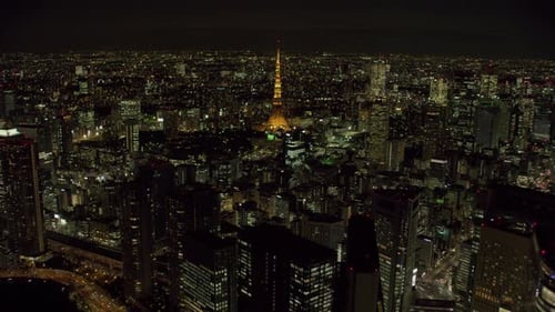 Tokyo tower gleams over the modern metropolis of Tokyo Japan at night