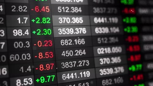 Looping 3D stock ticker board with red and green price changes