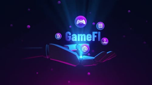Futuristic GameFi Concept with Glowing Digital Hand and Icons