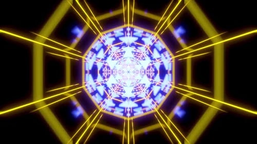 Dynamic yellow tunnel with pulsing blue lights, futuristic motion