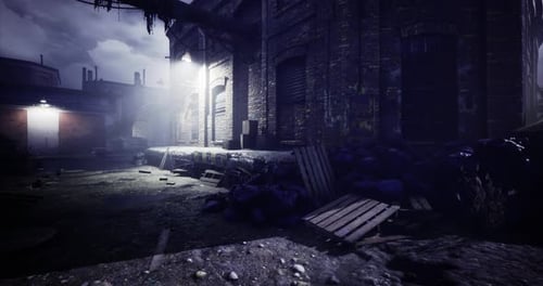 Mysterious Urban Alley with Abandoned Buildings at Night