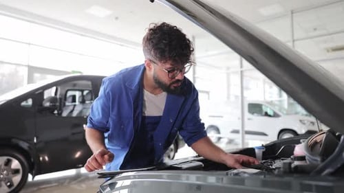 Mechanic Diagnosing Car Engine Problems in a Garage