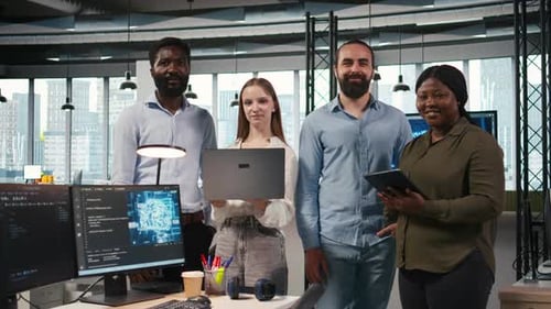 Portrait of Smiling Teamworking Programmers Utilizing AI to Optimize Performance