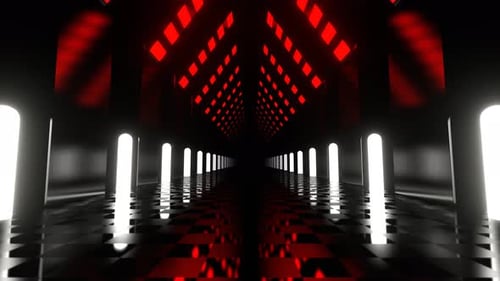 Red And White Corridor With Tall Neon Columns Background Vj Loop I 4K