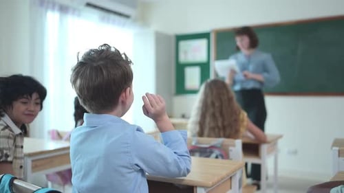 Teacher and students, Learn and study in a classroom of school where youngsters sit and listen