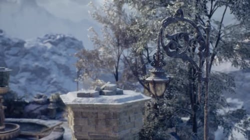 Snowy Landscape with Vintage Lamp Post and Stone Structure Near Mountains