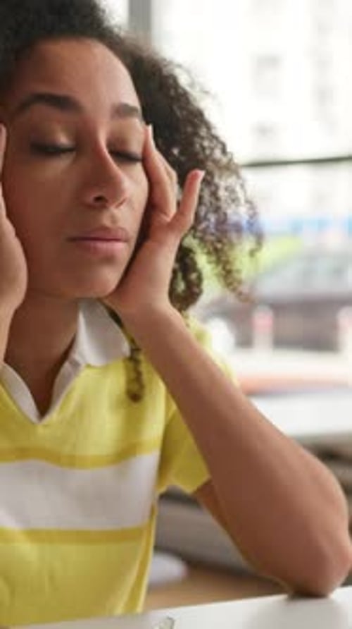 Stressed Tired African American Student Girl Study Feeling Headache Massaging Temples Looking in