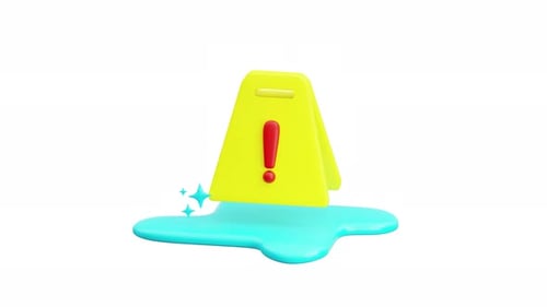 3D Animated Caution Warning Sign Appears on Wet Floor