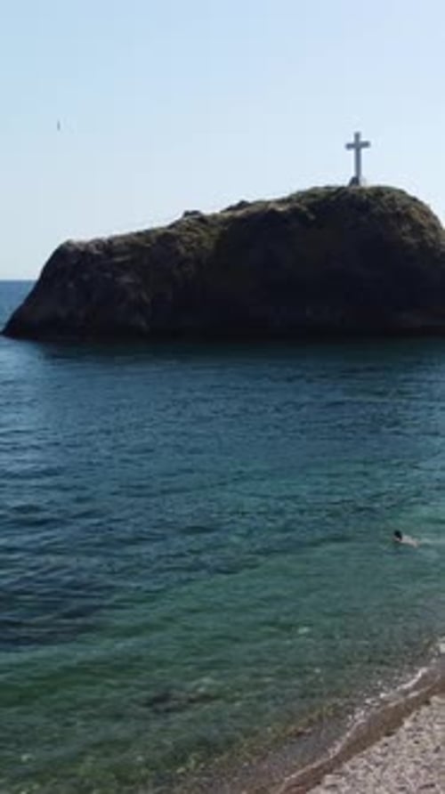 Aerial Vertical View of Seascape with Crystal Clear Azure Sea and Rocky Shores A Beautiful Lagoon on