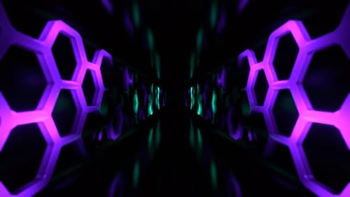 Turquoise And Purple Fantastic Corridor With Neon Illumination Honeycomb Background VJ Loop In 4K