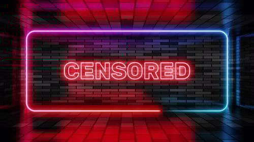 Flickering Neon Censored Text Sign in a Dark Room