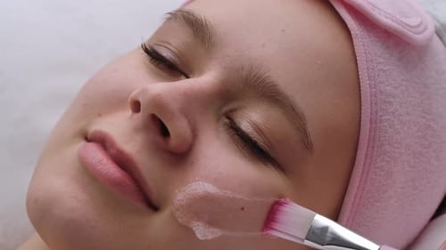 Woman Receiving Facial Treatment With Brush in Spa