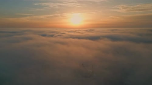 Beautiful Sunset Cloudy Sky Aerial View Golden Sun Shining Over Fluffy Clouds