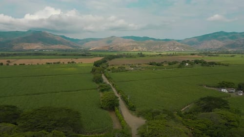 Breathtaking Aerial View of Green Tropical Farmland and Distant Mountains